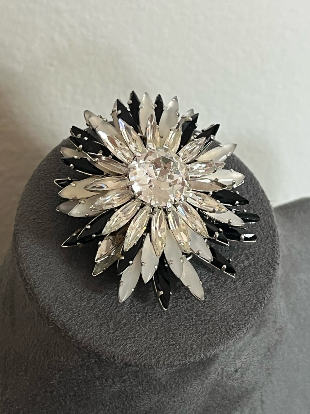 Authentic Vintage Dior 1962 Star Flower Marquise Black White Glass Silver Brooch